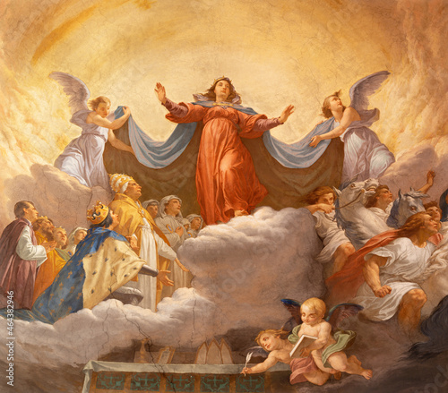 ROME, ITALY - AUGUST 27, 2021: The fresco of Assumption of Our Lady in the Vision of St Bonaventure in the church Chiesa di Santa Lucia del Gonfalone by Cesare Mariani (1863).