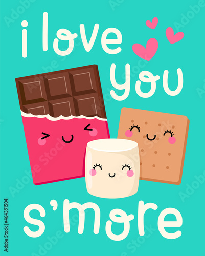 Cute s'more cartoon with pun quotes "I love you s'more" for valentine's day card design.