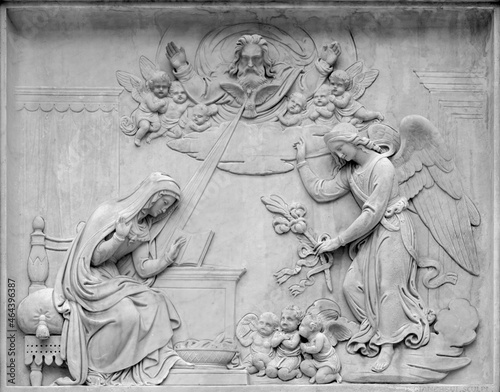Rome - The relief of Annunciation on the The Immaculate Conception column on the Piazza Espana square designed by Luigi Poletti and inaugurated in 1857.