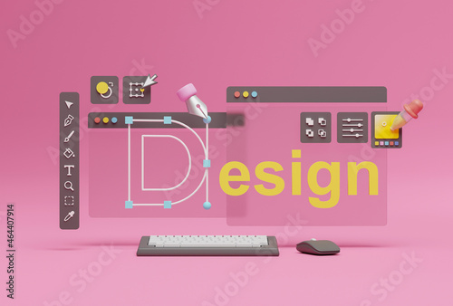 Graphic designer creative creator design logo artwork curve pen tool illustration equipment icons digital computer display workspace. Graphic design software. 3d rendering.