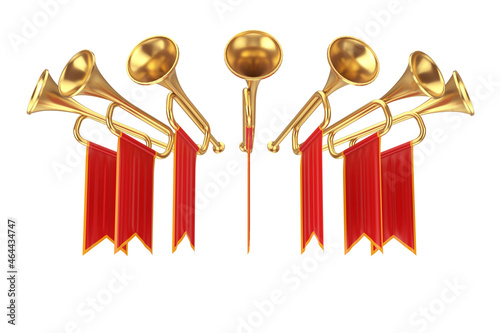 Golden Fanfare Trumpets with Red Flags. 3d Rendering