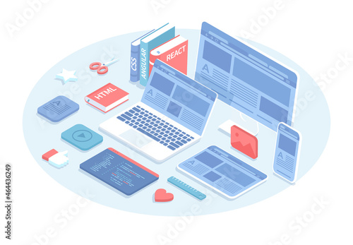 Front end development. Website UI UX interface on a monitor screen, laptop, tablet, phone. software development, front-end coding. Vector illustration in 3d design. Isometric web banner. 