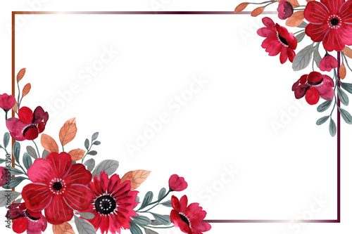 Red flower frame background with watercolor