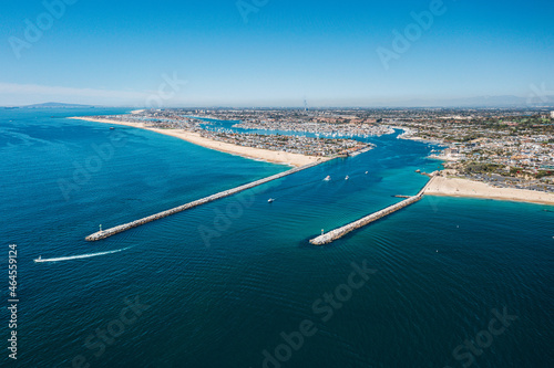 An aerial view of Newport Harbor, Balboa Island, and the Wedge in Newport Beach, California.
