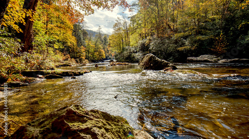 A beautiful mountain river in Western North Carolina, USA, in the fall with the fall colors.