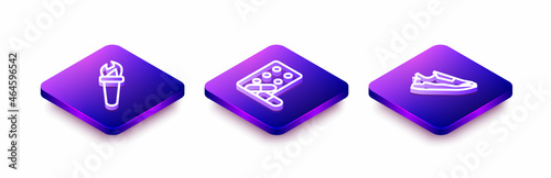 Set Isometric line Torch flame, Sports doping with dumbbell and Fitness sneakers shoes icon. Vector