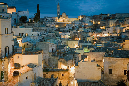 Matera. Night view of Sasso Caveoso towards the Cathedral from Piazzetta Pascoli.