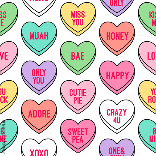 Colorful heart candy seamless pattern background. Set of conversation sweets for valentine’s day.