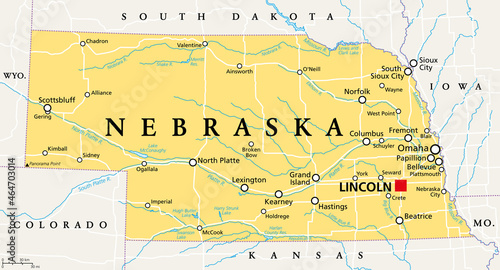 Nebraska, NE, political map with the capital Lincoln and the largest city Omaha. Triply landlocked State in the Midwestern subregion of the United States of America, nicknamed Cornhusker State. Vector