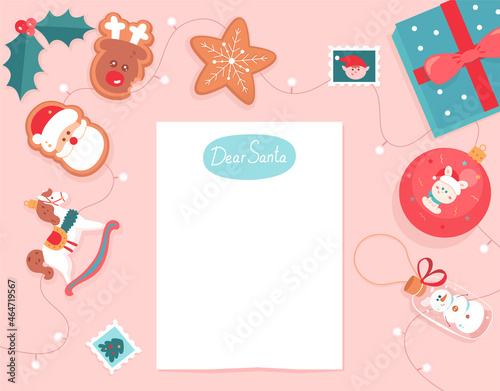 Template for Christmas letter to Santa Claus, blank paper sheet with dear Santa text