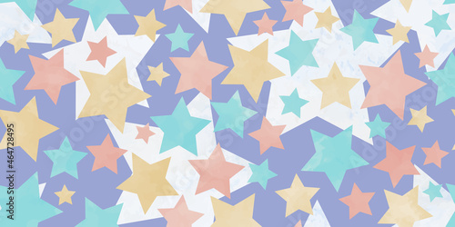 Seamless pastel vector watercolor baby background texture with multicolor stars. Pastel color fun kids backdrop for postcards, poster. Painted hand drawn Christmas illustration. Merry Christmas. 