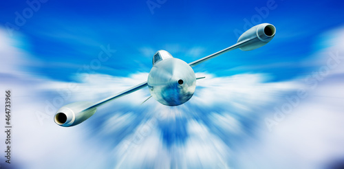 Futuristic supersonic jet airplane fly in clouds