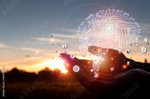 Hand holding human head with a line brain network technology for global.Data in the global computer social.Digital data,ai,science.Vector Technology background and Artificial intelligence concept.