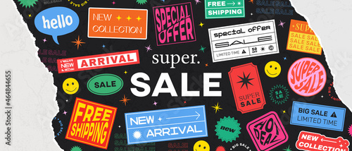 Cool Trendy Sale Banner Vector Design. Hipster background with promo label stickers. Torn Page Effect.