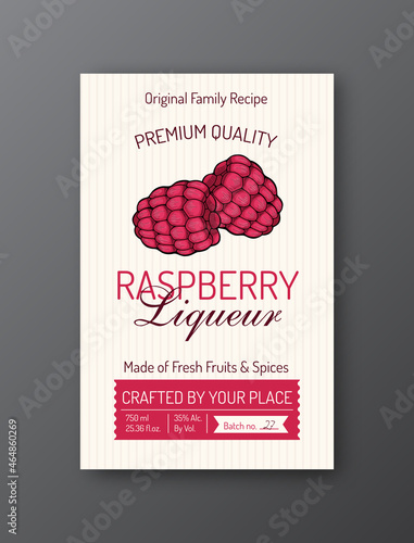 Raspberry liqueur label template. Modern vector packaging design layout. Isolated