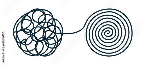 Chaos and order Tangled mess turns into a spiral line of order, find a solution. Coaching, mentoring, or psychotherapy. vector in doodle style. hand-drawn.