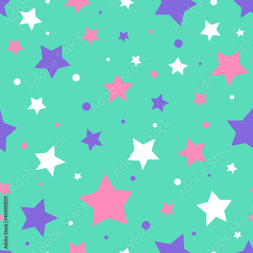 Fantasy star gaming random stars seamless pattern. Baby child decorative texture or fabric design. Square vector pattern with geometric shapes like magic stars and dots. Green repeat pattern. 