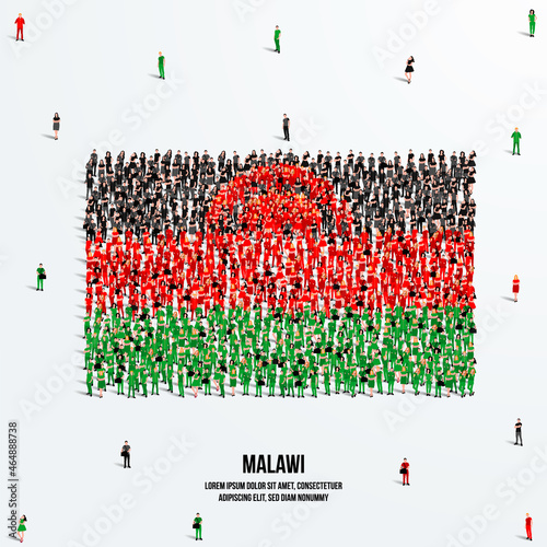 Malawi Flag. A large group of people form to create the shape of the Malawi flag. Vector Illustration.
