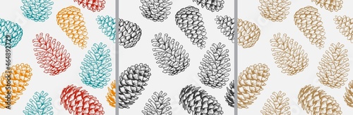 Golden pine cone seamless pattern sketch engraving. Hand drawn illustration. xmas pinecones.
