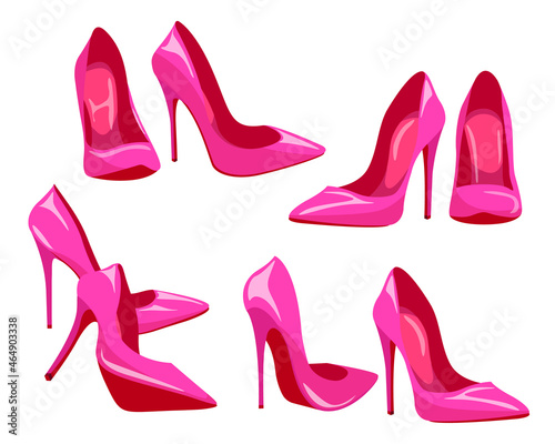 Vector women's pink pumps isolated on white background. Set of cartoon high heel shoes.