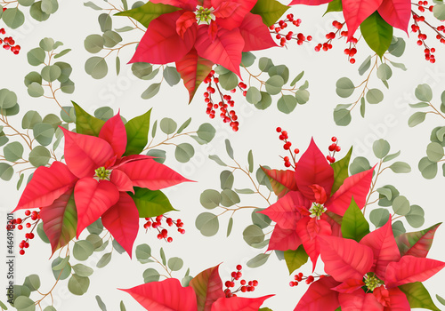 Christmas seamless pattern with Winter flower Poinsettia, Mistletoe, branches of Rowan tree with Berries