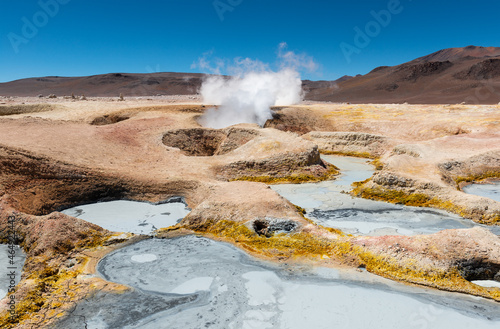 Sol de Manana (Morning Sun) geothermal area with steaming fumarole and mud pits, Uyuni region, Potosi department, Bolivia.