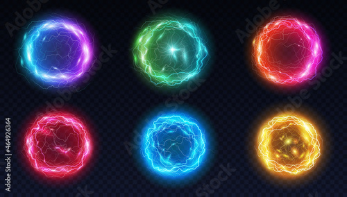 Energy balls and plasma sphere, electric lightning and light flash sparks. Magic lightning discharge