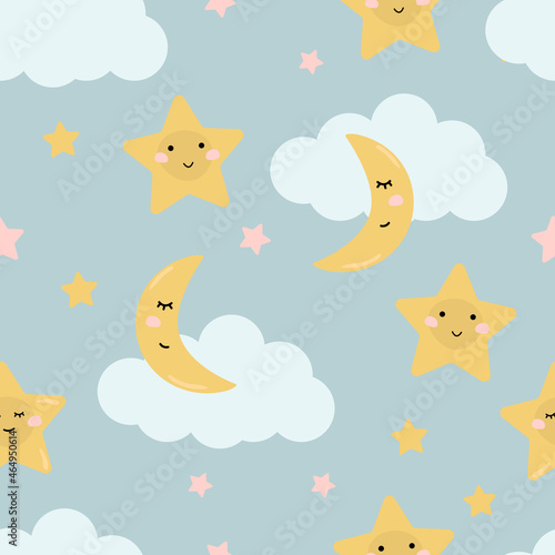 Vector kid little star and moon with cloud on blue background