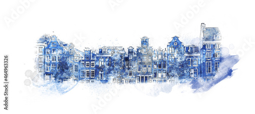 Old houses in the center of Amsterdam - watercolor style background isolated on white. Delft blue painting design.