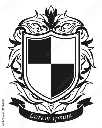 Vector heraldic shield with floral decoration and lettering. 