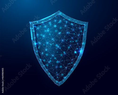 Guard shield. Cyber security concept with glowing low poly shield on dark blue background. Wireframe low poly design. Abstract futuristic vector illustration.