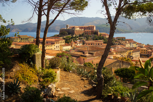 Panoramic view of the port of Elba island with the famous Fort Falcone in the background