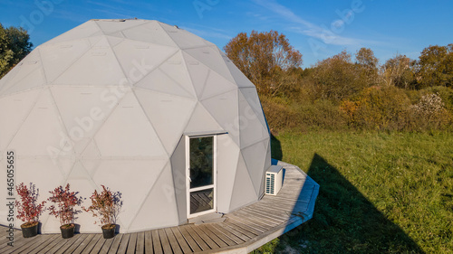 Gorgeous dome home of the future. Green Design, Innovation, Architecture. A spherical test building outside.