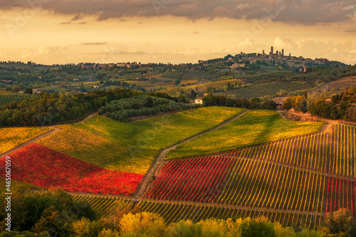 the towers of San Gimignano from the countryside in autumn