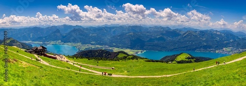 View of Wolfgangsee lake from Schafberg mountain, Austria. Wolfgangsee Lake from alp mountain Schafberg. Sankt St. Wolfgang im in Salzkammergut, Ried, Salzburgerland, Austria.