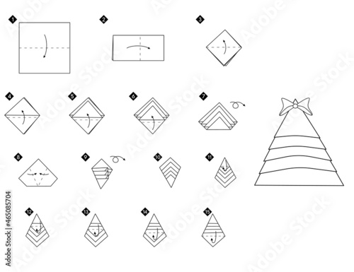 How to fold a napkin in the form of Christmas tree. Black line monochrome instruction, step by step tutorial.