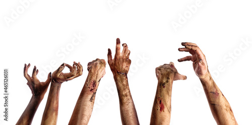 Hands of zombies on white background