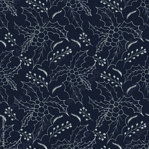 Hand drawn Christmas seamless pattern with silver holly branches on blue background in vintage style. Vector illustration with elements decorations for greeting cards, christmas posters, wrapping