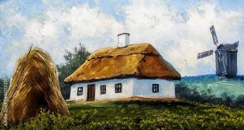 Oil paintings rural landcape, old house in the countryside. Fine art