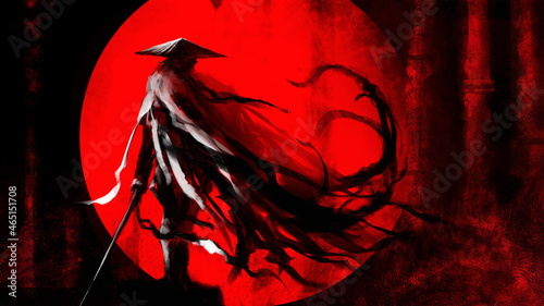 A samurai stands at night with a katana in his hand, he has a bamboo hat on his head, his torn cloak unfolds in the wind, behind him is a huge red moon