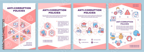 Anti corruption policies brochure template. Bribary prevention. Flyer, booklet, leaflet print, cover design with linear icons. Vector layouts for presentation, annual reports, advertisement pages