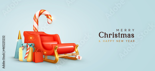 Christmas red sleigh with gift boxes. Realistic 3d design, surprise box, cane candies. Xmas Sale label. background Merry Christmas and Happy New Year festive bright composition with decorative element
