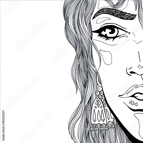 abstract, art, attractive, beautiful, black, curl, decorative, design, drawing, drawn, eyes, face, fashion, girl, glamour, graphics, hair, hairstyle, human, illustration, lady, line, lips, model, pers