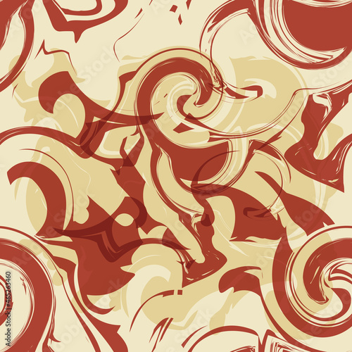 Ochre beige marbling seamless vector pattern background. Backdrop with swirling shapes and blends in brown and cream white. Scribbled curved elements design. Painterly repeat neutral, fall, winter