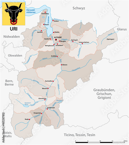 vector administrative map of the Swiss canton of Uri with flag
