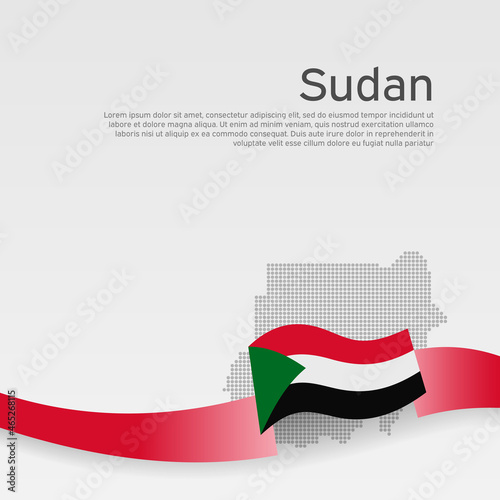 Sudan flag, mosaic map on white background. Wavy ribbon with the sudan flag. Vector banner design, national sudanese poster. Cover for business booklet. State patriotic flyer, brochure