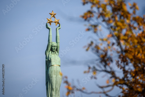 RIGA, LATVIA. 16th October 2019. Selective focus photo. Monument of Freedom.