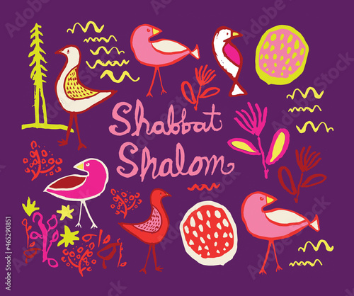 Shabbat shalom challah cover with birds, plants, sun waves, stars