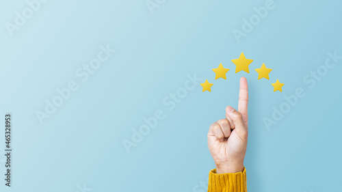 Customer giving a five star rating on pink background. Service rating, feedback, satisfaction concept