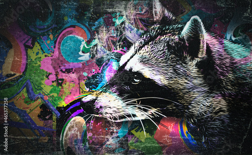 raccoon with creative colorful abstract element on background